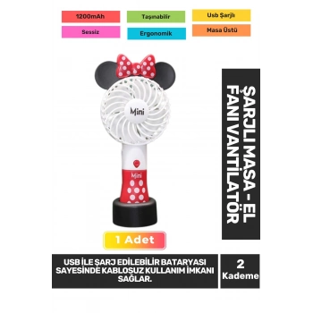 Sessiz 2 Kademeli Hafif Kablosuz 1200mAh Pervaneli Taşınabilir Usb Şarjlı Masa El Fanı Vantilatör