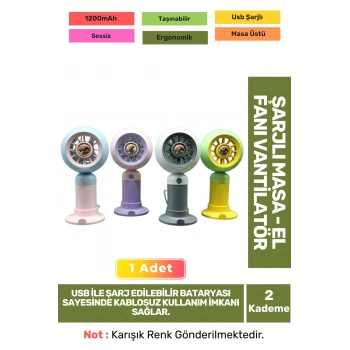 Sessiz 2 Kademeli Hafif Kablosuz 1200mAh Pervaneli Taşınabilir Usb Şarjlı Masa El Fanı Vantilatör