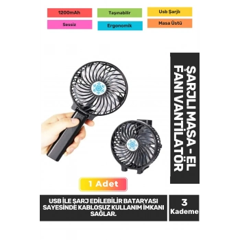 Sessiz 3 Kademeli Hafif Kablosuz 1200mAh Pervaneli Taşınabilir Usb Şarjlı Masa El Fanı Vantilatör