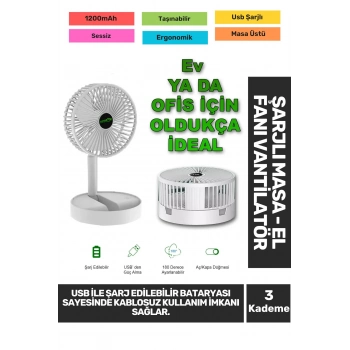 Sessiz 3 Kademeli Hafif Kablosuz 1200mAh Pervaneli Taşınabilir Usb Şarjlı Masa El Fanı Vantilatör