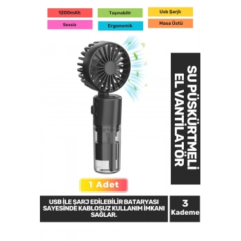 Sessiz 3 Kademeli Hafif Kablosuz Su Püskürtmeli Taşınabilir Usb Şarjlı Masa El Fanı Vantilatör