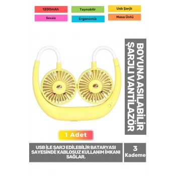 Premium Sessiz Sarı Eller Serbest Boyuna Asılabilir Şarjlı 3 Kademeli Vantilatör Klima Soğutucu Fan