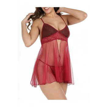 Yeni Sezon Fantezi İç Gösteren Transparan Seksi Zarif Kadın Şık Rahat Bordo Tül Geclik