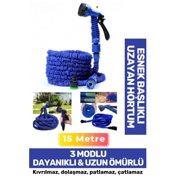 Premium Dolaşmaz Kırılmaz 7 Kademe Uzayan Bahçe Sulama Araç Yıkama Tabancalı 15 Metre Sihirli Hortum