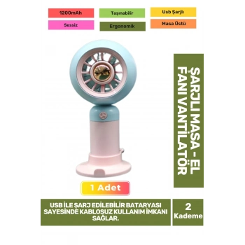 Sessiz 2 Kademeli Hafif Kablosuz 1200mAh Pervaneli Taşınabilir Usb Şarjlı Masa El Fanı Vantilatör