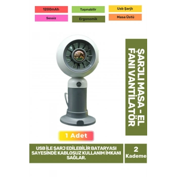 Sessiz 2 Kademeli Hafif Kablosuz 1200mAh Pervaneli Taşınabilir Usb Şarjlı Masa El Fanı Vantilatör