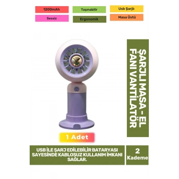 Sessiz 2 Kademeli Hafif Kablosuz 1200mAh Pervaneli Taşınabilir Usb Şarjlı Masa El Fanı Vantilatör