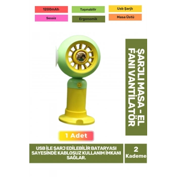 Sessiz 2 Kademeli Hafif Kablosuz 1200mAh Pervaneli Taşınabilir Usb Şarjlı Masa El Fanı Vantilatör