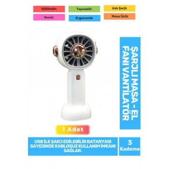 Sessiz 3 Kademeli Hafif Kablosuz 1200mAh Pervaneli Taşınabilir Usb Şarjlı Masa El Fanı Vantilatör