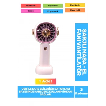 Sessiz 3 Kademeli Hafif Kablosuz 1200mAh Pervaneli Taşınabilir Usb Şarjlı Masa El Fanı Vantilatör