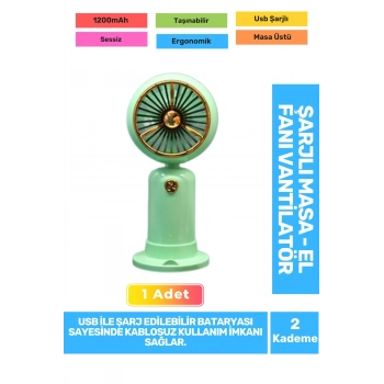 Sessiz 2 Kademeli Hafif Kablosuz 1200mAh Pervaneli Taşınabilir Usb Şarjlı Masa El Fanı Vantilatör