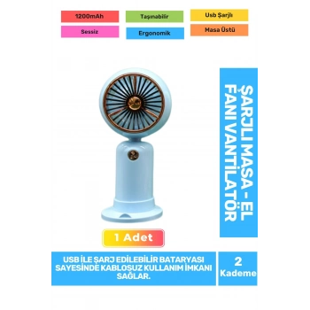 Sessiz 2 Kademeli Hafif Kablosuz 1200mAh Pervaneli Taşınabilir Usb Şarjlı Masa El Fanı Vantilatör