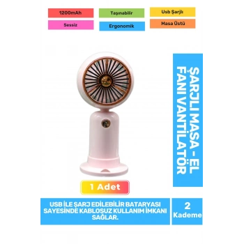 Sessiz 2 Kademeli Hafif Kablosuz 1200mAh Pervaneli Taşınabilir Usb Şarjlı Masa El Fanı Vantilatör