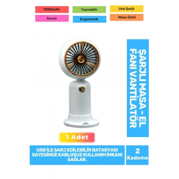 Sessiz 2 Kademeli Hafif Kablosuz 1200mAh Pervaneli Taşınabilir Usb Şarjlı Masa El Fanı Vantilatör