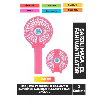 Sessiz 3 Kademeli Hafif Kablosuz 1200mAh Pervaneli Taşınabilir Usb Şarjlı Masa El Fanı Vantilatör