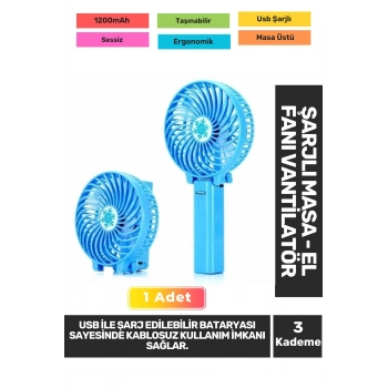 Sessiz 3 Kademeli Hafif Kablosuz 1200mAh Pervaneli Taşınabilir Usb Şarjlı Masa El Fanı Vantilatör