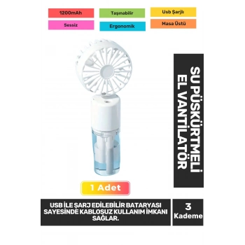 Sessiz 3 Kademeli Hafif Kablosuz Su Püskürtmeli Taşınabilir Usb Şarjlı Masa El Fanı Vantilatör