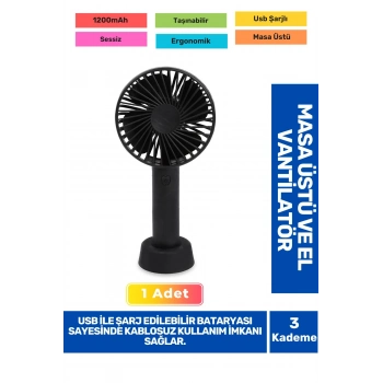Sessiz 3 Kademeli Hafif Kablosuz 1200mAh Pervaneli Taşınabilir Usb Şarjlı Masa El Fanı Vantilatör