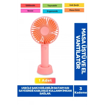Sessiz 3 Kademeli Hafif Kablosuz 1200mAh Pervaneli Taşınabilir Usb Şarjlı Masa El Fanı Vantilatör