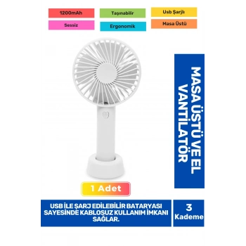 Sessiz 3 Kademeli Hafif Kablosuz 1200mAh Pervaneli Taşınabilir Usb Şarjlı Masa El Fanı Vantilatör