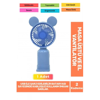 Sessiz 2 Kademeli Hafif Kablosuz 1200mAh Pervaneli Taşınabilir Usb Şarjlı Masa El Fanı Vantilatör