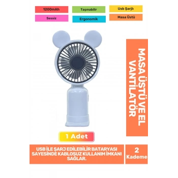Sessiz 2 Kademeli Hafif Kablosuz 1200mAh Pervaneli Taşınabilir Usb Şarjlı Masa El Fanı Vantilatör