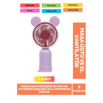Sessiz 2 Kademeli Hafif Kablosuz 1200mAh Pervaneli Taşınabilir Usb Şarjlı Masa El Fanı Vantilatör
