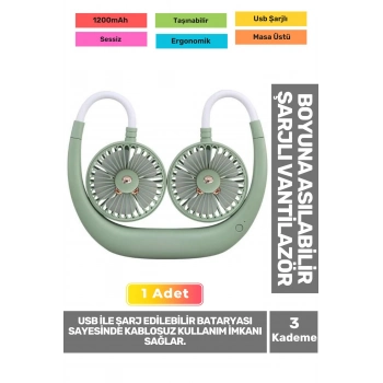 Premium Sessiz Sarı Eller Serbest Boyuna Asılabilir Şarjlı 3 Kademeli Vantilatör Klima Soğutucu Fan