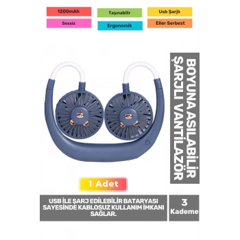 Premium Sessiz Sarı Eller Serbest Boyuna Asılabilir Şarjlı 3 Kademeli Vantilatör Klima Soğutucu Fan