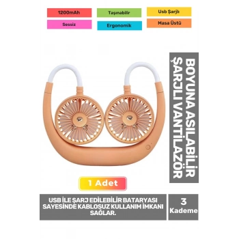 Premium Sessiz Sarı Eller Serbest Boyuna Asılabilir Şarjlı 3 Kademeli Vantilatör Klima Soğutucu Fan