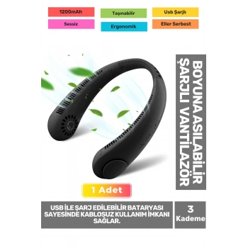 Premium Sessiz Sarı Eller Serbest Boyuna Asılabilir Şarjlı 3 Kademeli Vantilatör Klima Soğutucu Fan