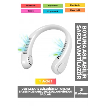 Premium Sessiz Sarı Eller Serbest Boyuna Asılabilir Şarjlı 3 Kademeli Vantilatör Klima Soğutucu Fan