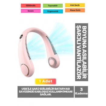 Premium Sessiz Sarı Eller Serbest Boyuna Asılabilir Şarjlı 3 Kademeli Vantilatör Klima Soğutucu Fan