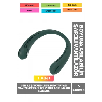 Premium Sessiz Sarı Eller Serbest Boyuna Asılabilir Şarjlı 3 Kademeli Vantilatör Klima Soğutucu Fan