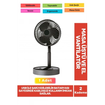 Sessiz 3 Kademeli Hafif Kablosuz 1200mAh Pervaneli Taşınabilir Usb Şarjlı Masa El Fanı Vantilatör