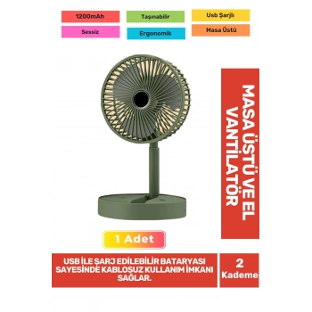 Sessiz 3 Kademeli Hafif Kablosuz 1200mAh Pervaneli Taşınabilir Usb Şarjlı Masa El Fanı Vantilatör