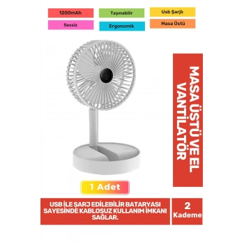 Sessiz 3 Kademeli Hafif Kablosuz 1200mAh Pervaneli Taşınabilir Usb Şarjlı Masa El Fanı Vantilatör