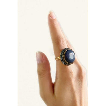 Mead Özel Tasarım Hafif Kararmaz Doğal Taş Detaylı Ayarlanabilir Altın Pirinç Kaplama Kadın Yüzük