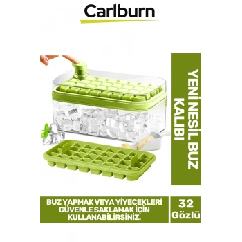 Yeni Nesil Düğmeli Basmalı Çift 32 Yuvalı Buz Küpü Kalıbı Saklama Kutulu