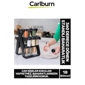 Özel Tasarım Dayanıklı Mutfak 360 Derece Dönen Standlı 18 Adet 100ml Cam Baharatlık 34x26x23 cm