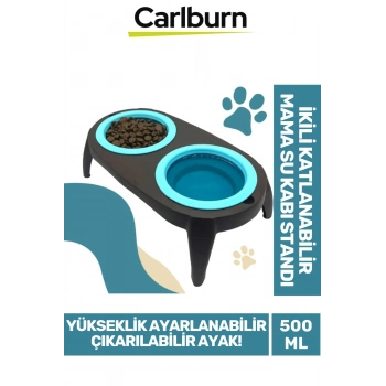 Premium Ayarlanabilir Yükseklik Kedi Köpek İkili Katlanabilir Evcil Hayvan Mama Su Kabı Standı 500Ml