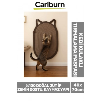 Özel Üretim Zemin Dostu Kaymaz %100 Doğal Jüt İp Dekoratif Kedi Kulaklı Tırmalama Paspası 40x70cm