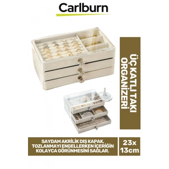 Özel Tasarım Çok Gözlü Saydam Kapak Yüzük Küpe Kolye Kadife Kaplı Üç Katlı Takı Organizeri