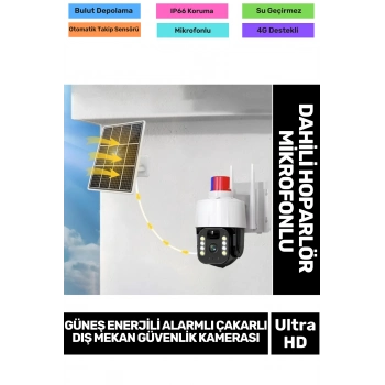 IP66 Suya Karşı Koruma Renkli Gece Görüşlü Güneş Enerjili Alarmlı Çakarlı Dış Mekan Güvenlik Kamera