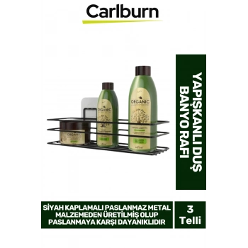 Siyah Kaplama Paslanmaz Metal Su Birikimi Yapmaz Şeffaf Yapışkanlı 5 KG Taşıyabilen Duş Banyo Rafı