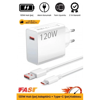 Premium 120W Ultra Hızlı Şarj Seti Adaptör + Type C Kablosu Tüm Telefonlara Uyumlu Şarj Cihazı