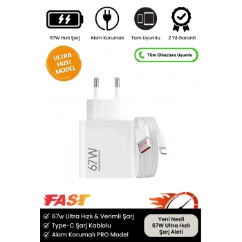 Premium 67W Ultra Hızlı Şarj Seti Adaptör + Type C Kablosu Tüm Telefonlara Uyumlu Şarj Cihazı