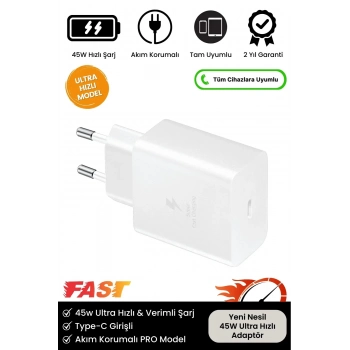 Premium 45W Ultra Hızlı Şarj Seti Adaptör + Type C Kablosu Tüm Telefonlara Uyumlu Şarj Cihazı