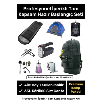 Profesyonel Tam Kapsamlı İçerik Hazır Başlangıç Seti Çadır 65L Körüklü Kamp Sırt Çantası Yaşam Kiti