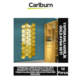 Özel Üretim Dekoratif Modern Altıgen Ev Ofis Duvar Dolap Yapışkanlı Akrilik Gold Ayna Seti 12 Adet